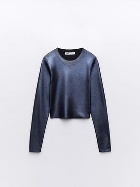 Zara Shimmering Navy Blue Crop Top Long Sleeve